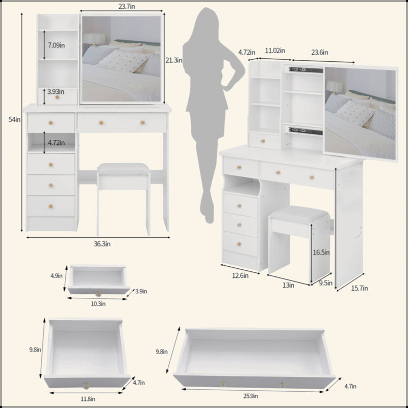 Meuble-lavabo de 37 po de taille moyenne avec tiroir de gauche et tabouret rembourré, très grand miroir coulissant à droite, rangement multi-couches, commode pratique et pratique, convient aux grands espaces