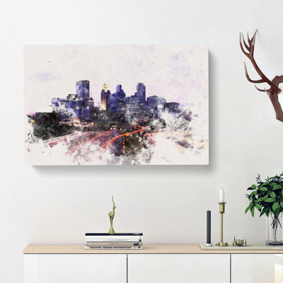 Minneapolis Skyline at Dusk Watercolour - Wrapped Canvas