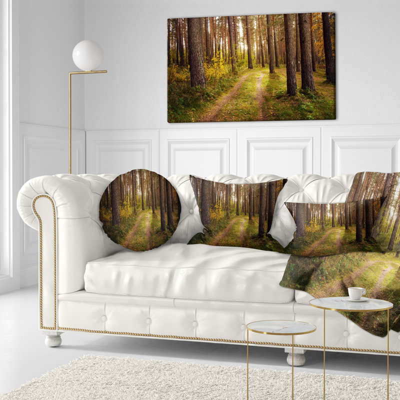 Route à travers la forêt d'automne épaisse - Coussin imprimé forêt, 16 po x 1 po, Coussin décoratif