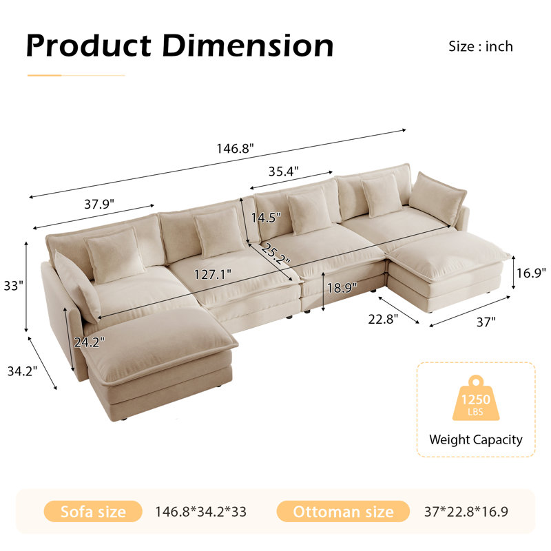 Clitheroe 6-Pieces Large Modular U-Shaped Sectional Sofa, Chenille Upholstered Couch with 2 Removable Ottomans