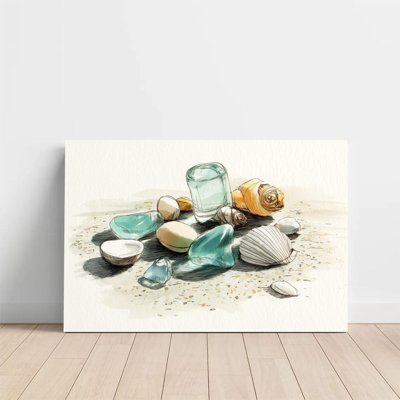 2D Flat, 1Pc Framed Canvas Wall Art, Beachcombing, Seashells and Glass Shards, Watercolor Realistic Style Art Print Canvas Poster Painting Room Wall D