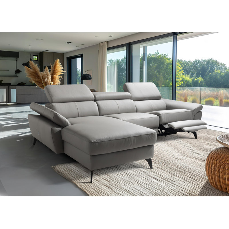 Milton Keynes Italian Leather Electric Reclining Corner Sofa with Adjustable Headrests and Adjustable Armrests, Light Gray
