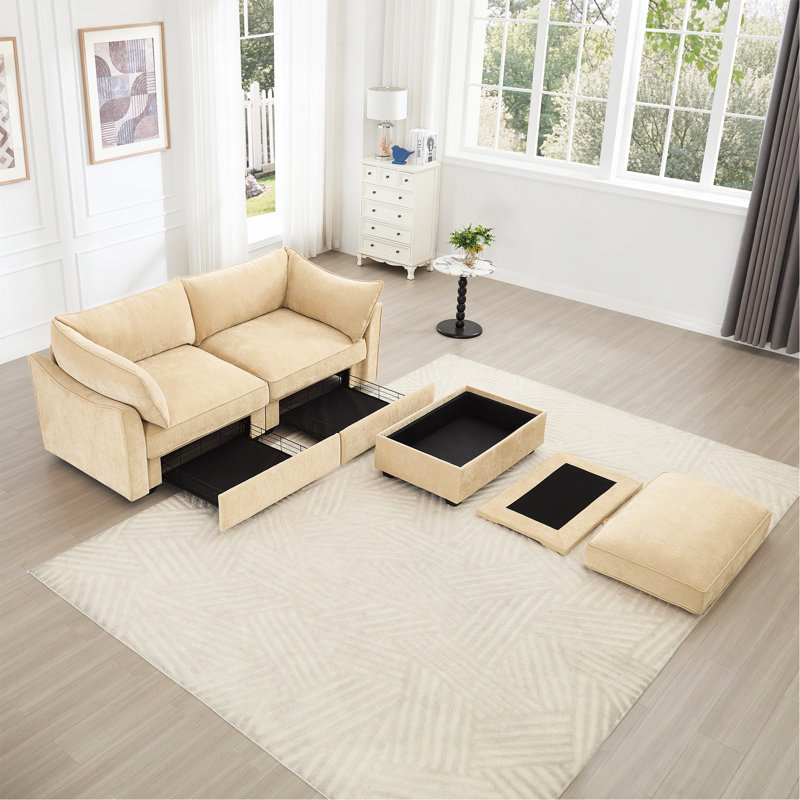 Canapé 2 places avec repose-pieds, canapé 2 places avec 1 repose-pieds mobile, siège moelleux, confortable, large et profond, tiroir de rangement coulissant sous chaque siège, couleur chenille blé