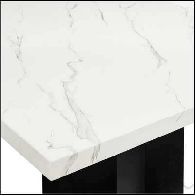 Table de salle à manger rectangulaire élégante en marbre blanc avec base en bois foncé pour les intérieurs modernes et traditionnels