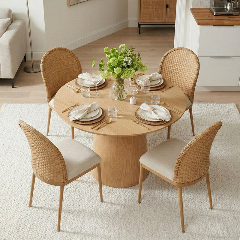 5-Piece Coastal Dining Set with 42" Round Oak Pedestal Table & 4 Rattan Chairs