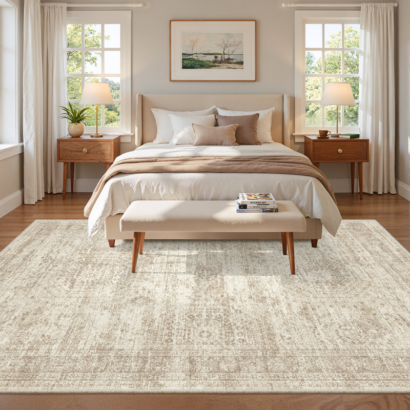 Washable Rug, Distressed Persian Rugs for Living Room, Stain resistant Abstract Area Rugs, Rectangle 5' x 7', Beige