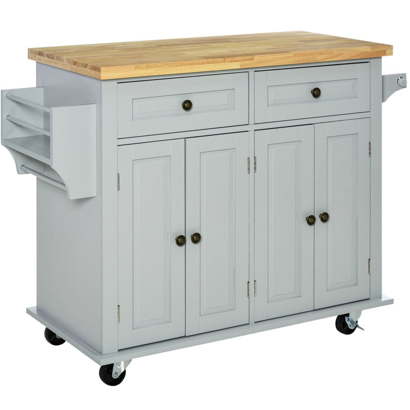 Grey Kitchen Storage Island With Drawers, Cabinets, Rubberwood Countertop, Spice Rack And Towel Bar For Space Optimization Movable Top Color - Organize Your Kitchenware