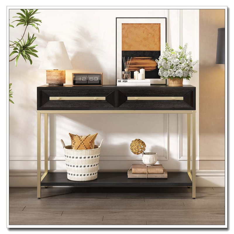 Console avec deux tiroirs, table de couloir rétro au design géométrique saisissant pour le vestibule et le salon, Noir