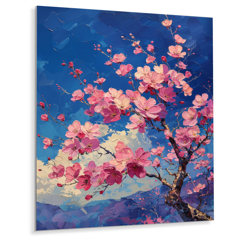 Fleur de cerisier rose bleu, beauté I - art mural cerisier en fleurs, Métal métal, 44" H x 34" W