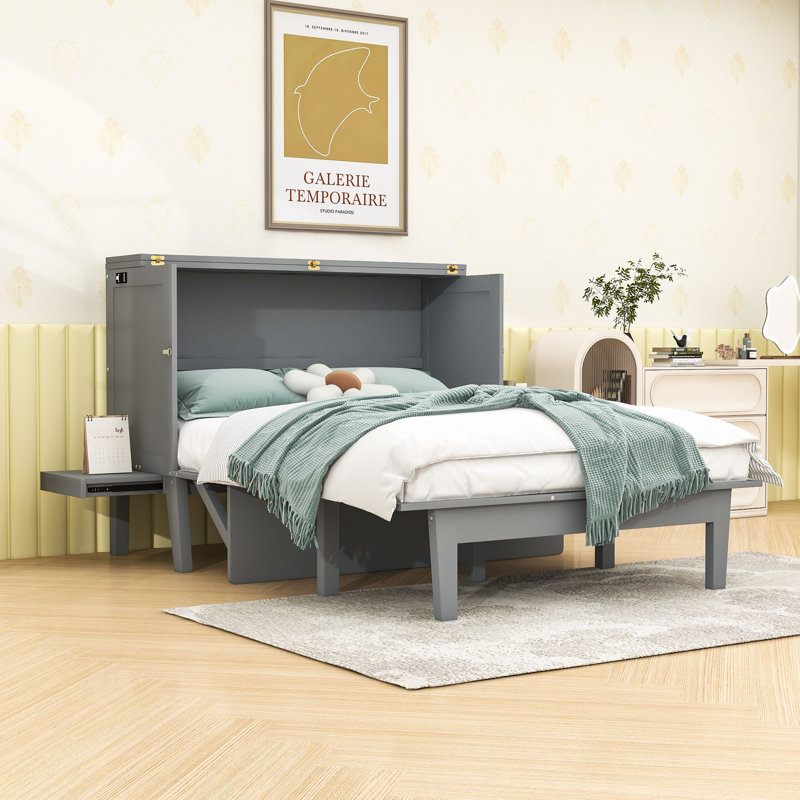 Lit escamotable en bois avec port USB et double bureau, Gris, Grand lit