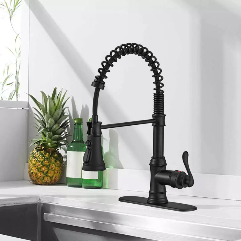 Kitchen Sink Faucet With Deck, High Arc Single Handle Pull-Down Sprayer, Three Spray Modes Kitchen Faucet, Black