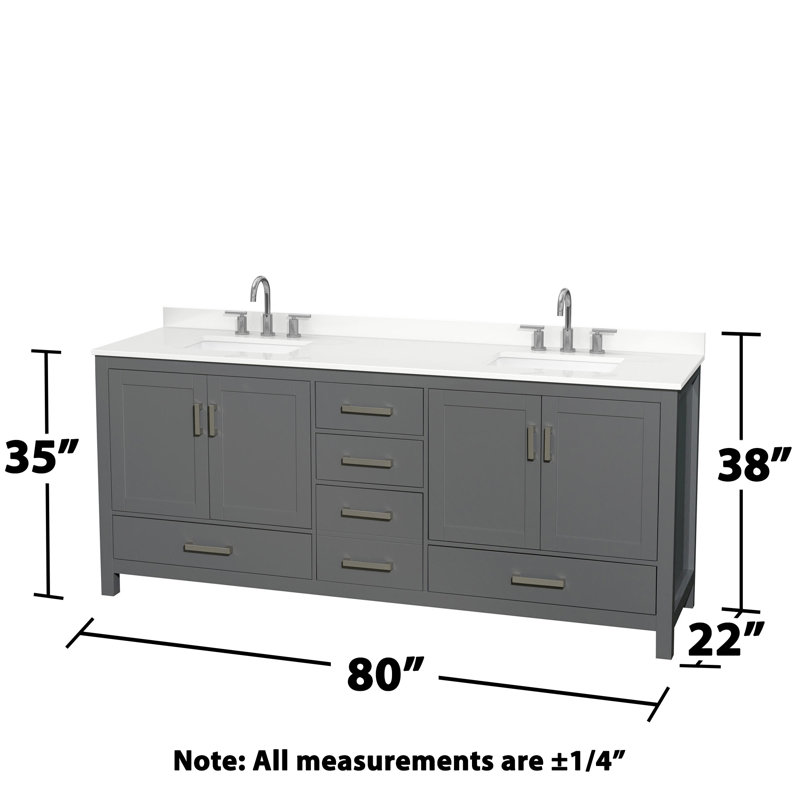 Sheffield 80" Freestanding Double Bathroom Vanity with Quartz Top, Dark Gray, White Quartz