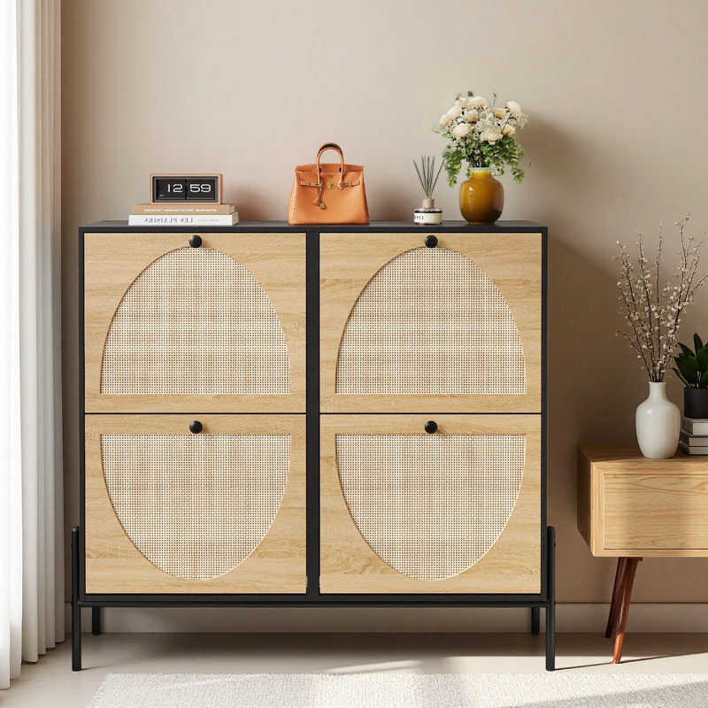 Armoire à chaussures en rotin peu encombrante avec 4 portes rabattables - Rangement étroit élégant pour les entrées et les couloirs