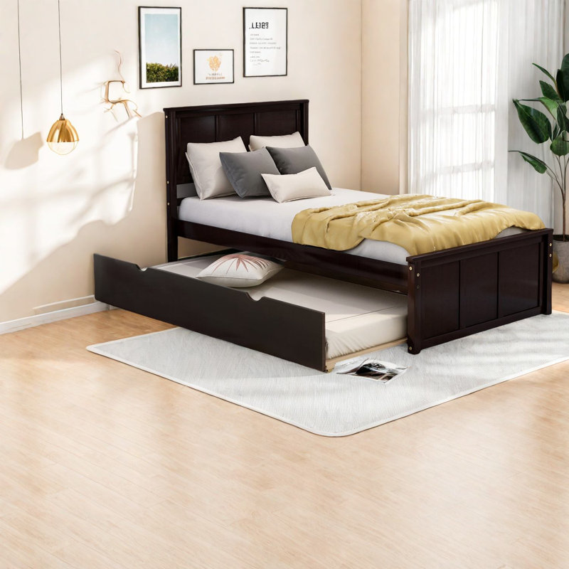 Lit plateforme peu encombrant avec lit gigogne simple, bois espresso, maison contemporaine