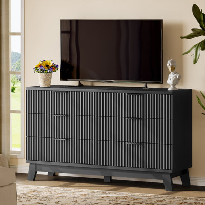 53‘’W Wide Fluted 6-Drawer Dresser, Large Wave Design Storage Cabinet, Wide Chest of Drawers for Bedroom, Living Room, Hallway