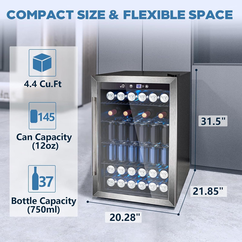 145 Can Beverage Refrigerator, 37 Bottle Wine Fridge with Smart Temperature Control, 4.4 CU FT Quiet Freestanding Mini Fridge with Child Lock Panel for Family Restaurant Bar