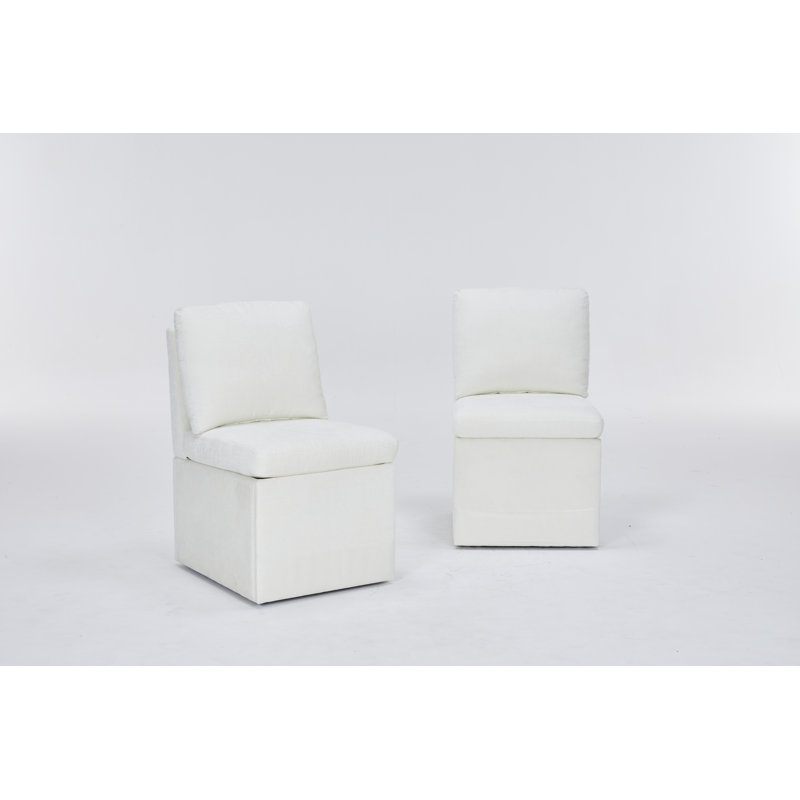 Linen Upholstered Armless Dining Chair with Casters and Storage space-set of 2, Ivory