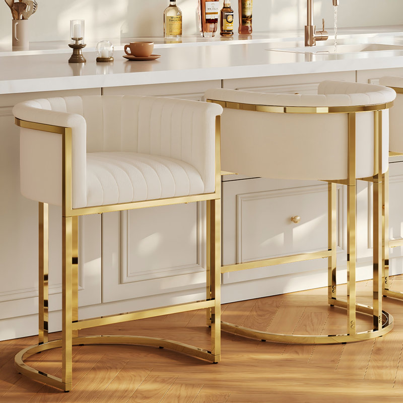 26" Counter Height Bar Stool Barrel Counter Stool With Backrest,Off White Fabric Linen Golden Metal, Gold, White Fabric