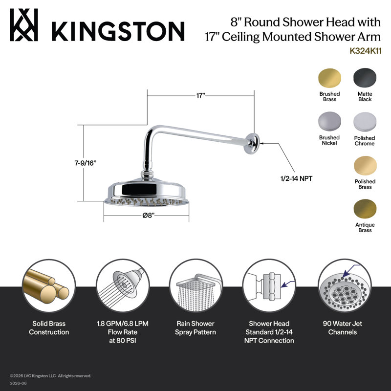 Kingston Brass Trimscape 8-Inch Round Brass Shower Head with 17-Inch Ceiling Mounted Shower Arm, Brushed Nickel