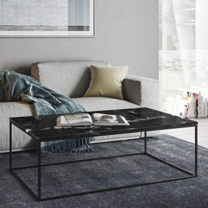 Sacoyia Marble Top Coffee Table, Black Marble, Black Lacquered Steel