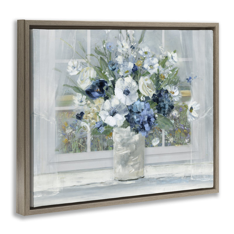Cadre flottant bleu hortensia et anémone, design par Sally Swatland, Montalcino orme flottant encadré, H 17 po x l 21 po