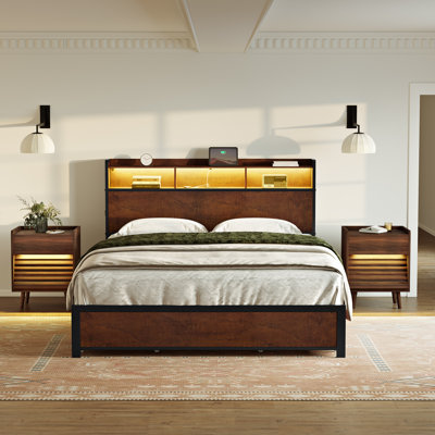Ensemble de chambre à coucher 3 pièces, lit moderne avec 2 tiroirs et 2 tables de chevet inclinées