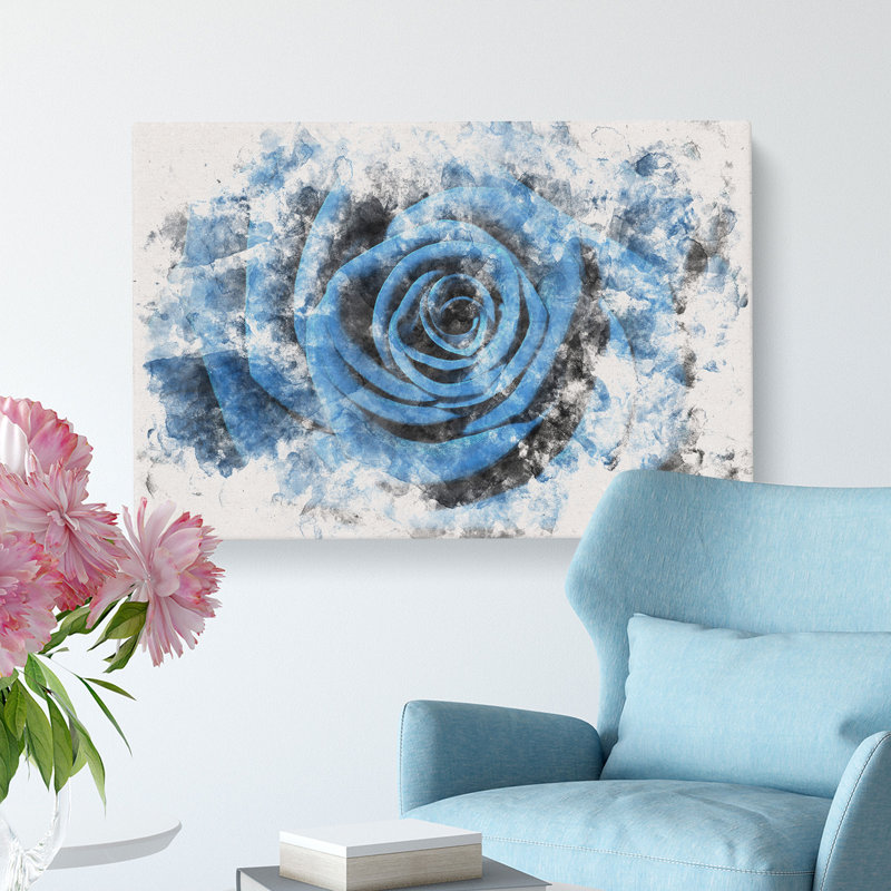 Pretty Blue Rose Watercolour - Wrapped Canvas Print, 50cm H x 76cm W x 3cm D