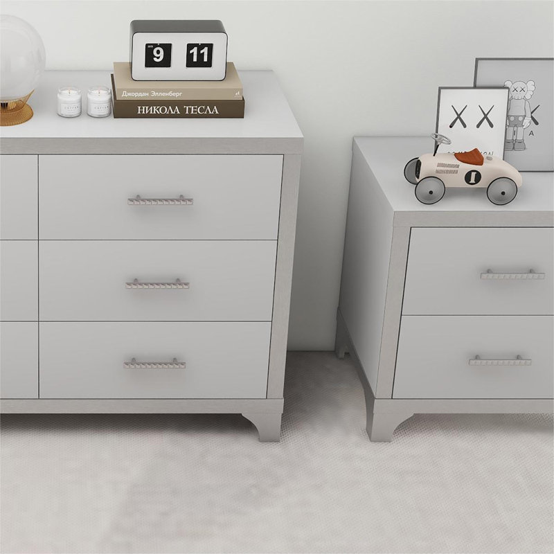 White 3-piece Set, Dressing Table And Two Bedside Tables, Including Metal Handles And Mirror Decoration