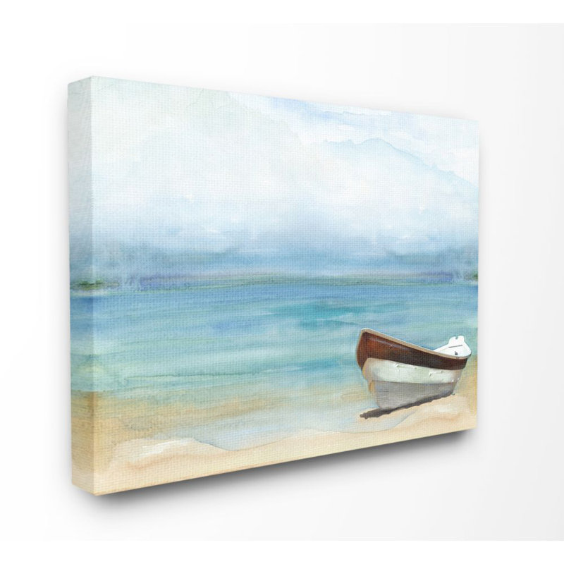 Lake Boat Landscape Blue Green - Painting, Wrapped Canvas, 36" H x 48" W x 1.5" D