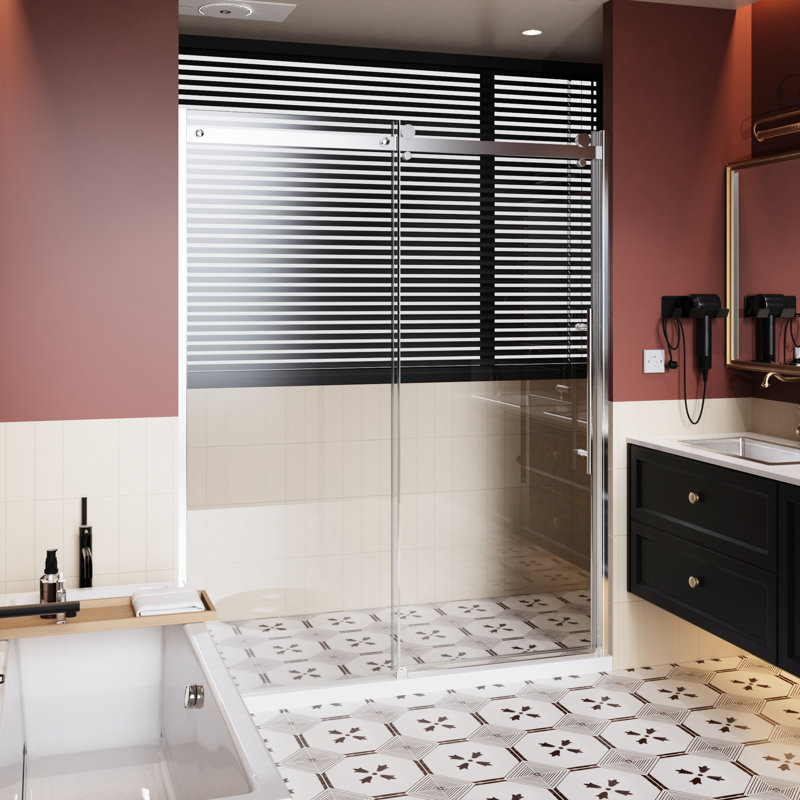 60 In W Single Sliding Shower Door 72 H With 1/4 Inch Thick Clear Tempered Glass, Aluminum Alloy Rail, Zinc Rollers - Stain Surface, Smooth X Roller Rail System, Stainless Steel Handle, Adjustable