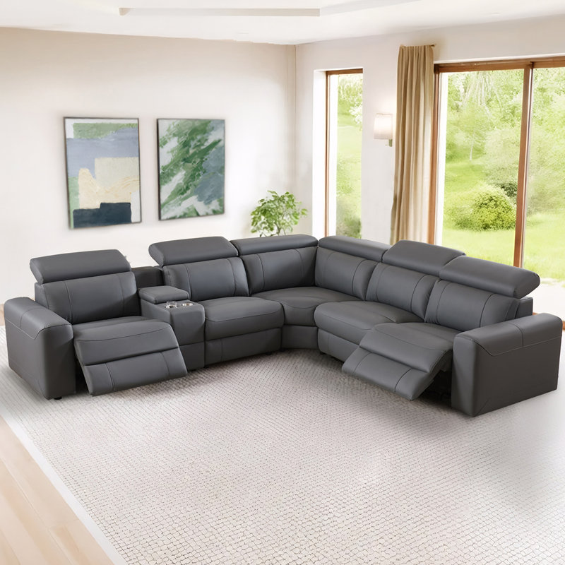 Oversized Power Recliner Sofa with Console & Dual Recliners, Leather Sectional Couch for Living Room, Gray Faux Leather