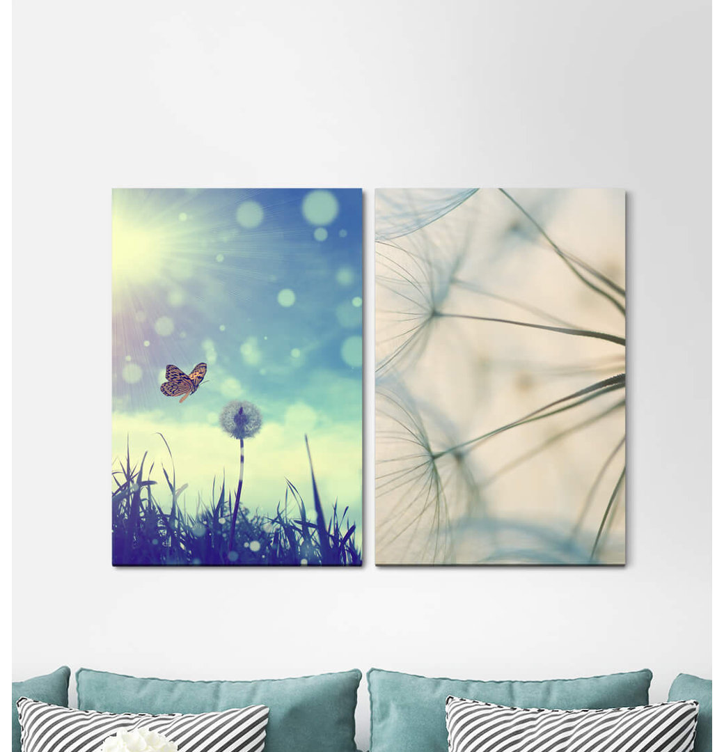 2-tlg. Leinwandbilder-Set - Grafikdruck „Blowball Butterfly Sun Meadow Sunlight Sky”