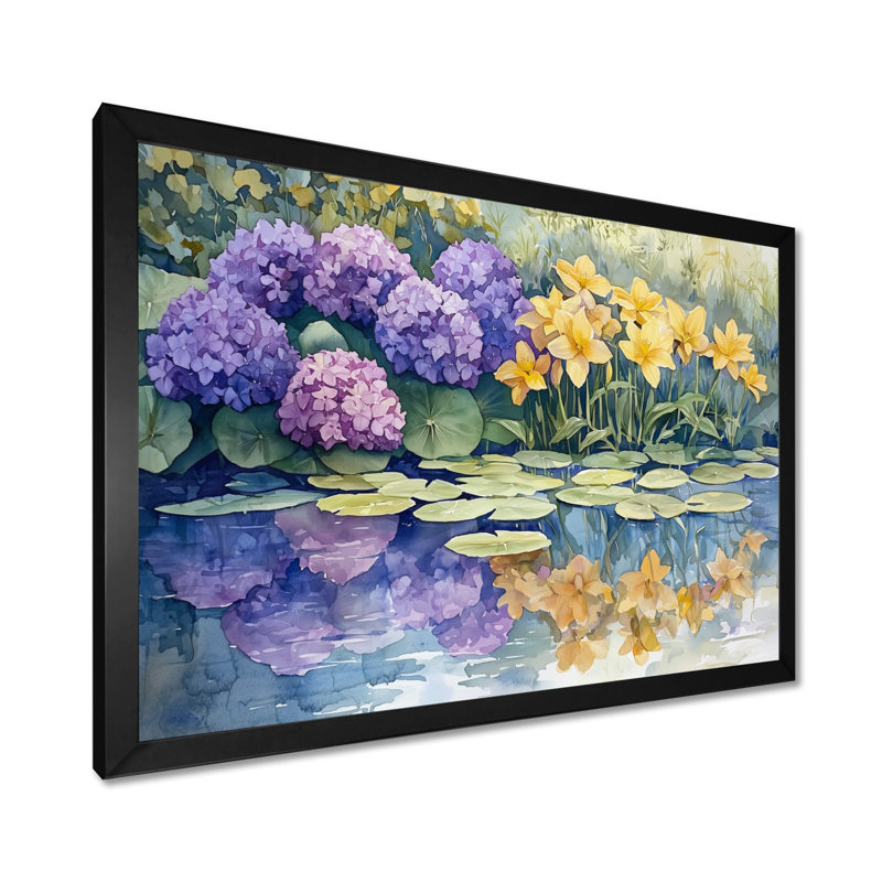 Imagen hortensias et lys au bord du lac III - hydrangées, décoration murale, H 34 po x l 44 po, Noir, noir, noir, noir