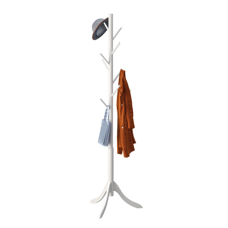 Bamboo Freestanding Coat Rack With 8 Hooks, Entryway Hall Tree For Jackets And Hats, White