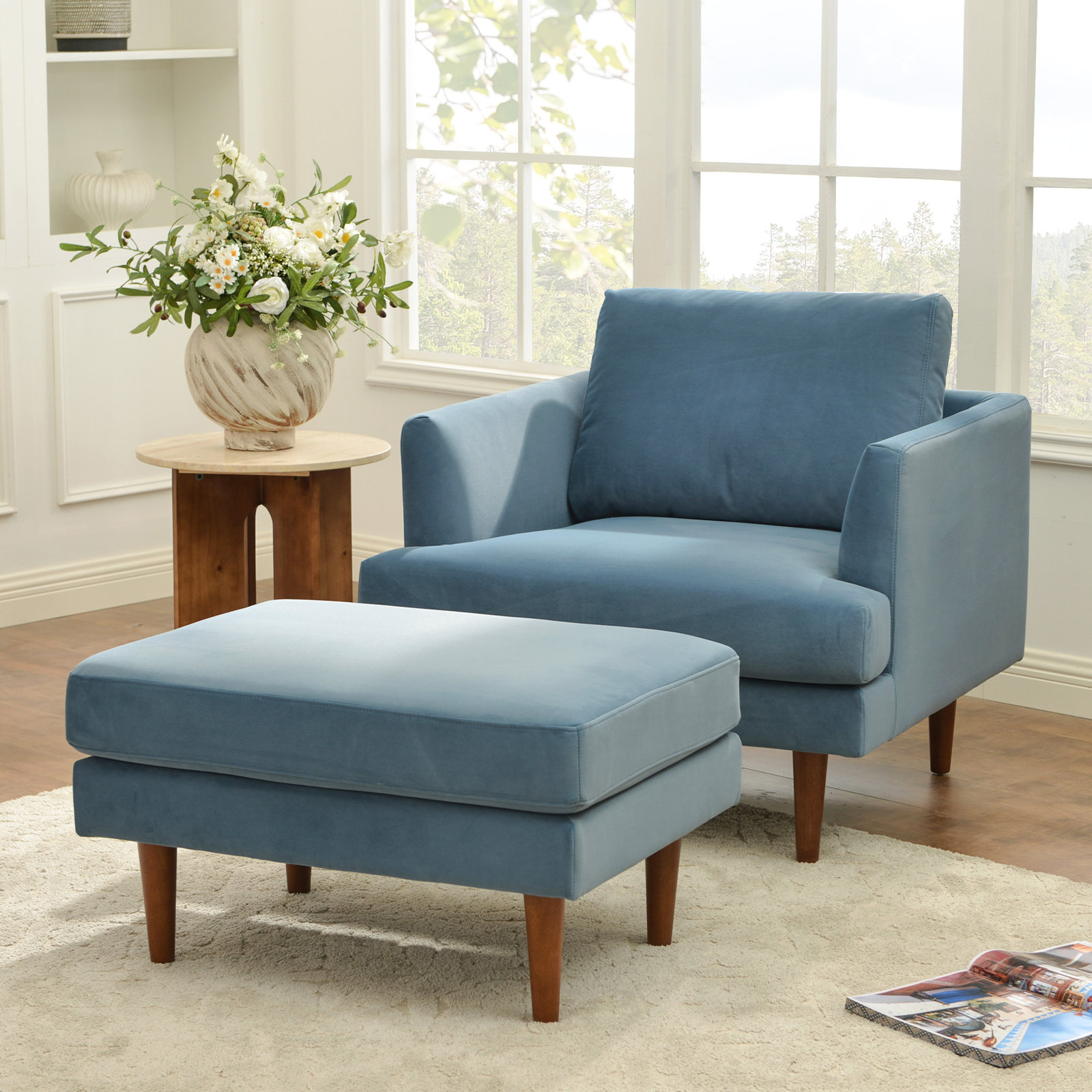 Miller 35'' W Upholstered Armchair With Ottoman, Blue Velvet