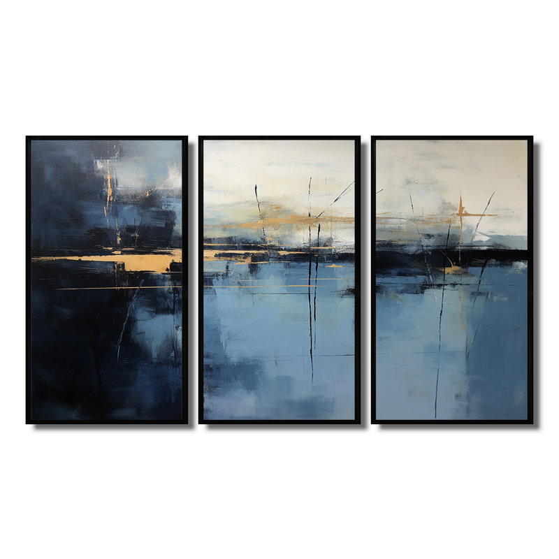 Mystère de brume dans la prairie - ensemble d'art mural paysage abstrait, Cadre flottant noir, H 40 po x l 60 po x P 1 po