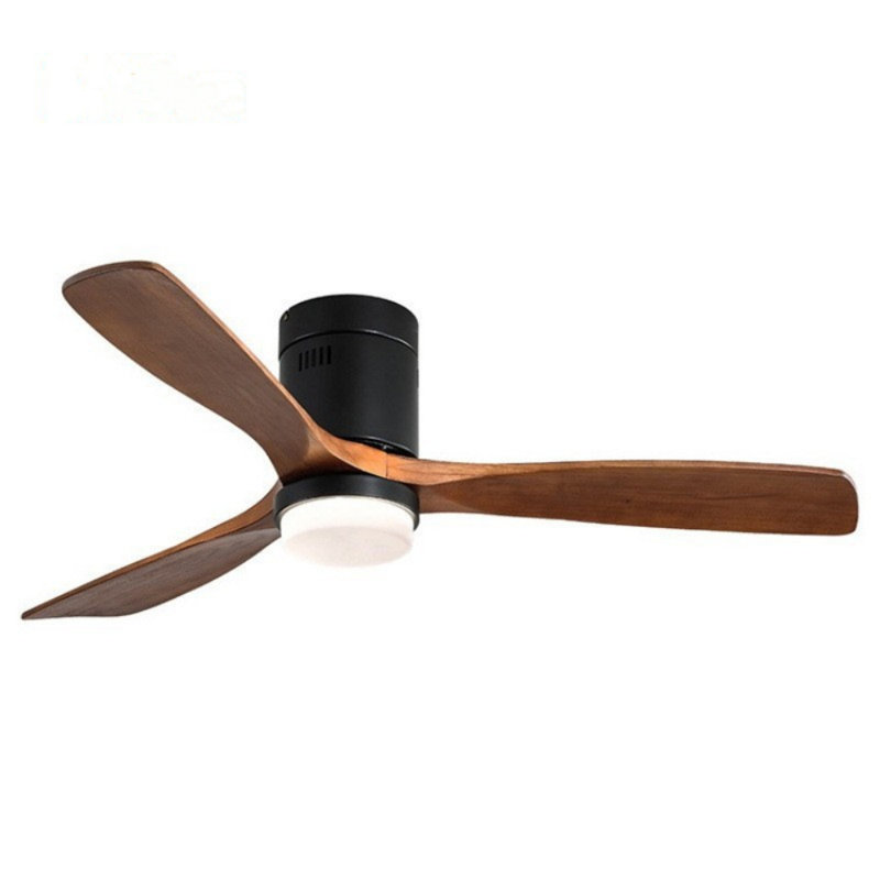 52'' Matte Black and Brown Wood Flush Mount Ceiling Fan with LED Light