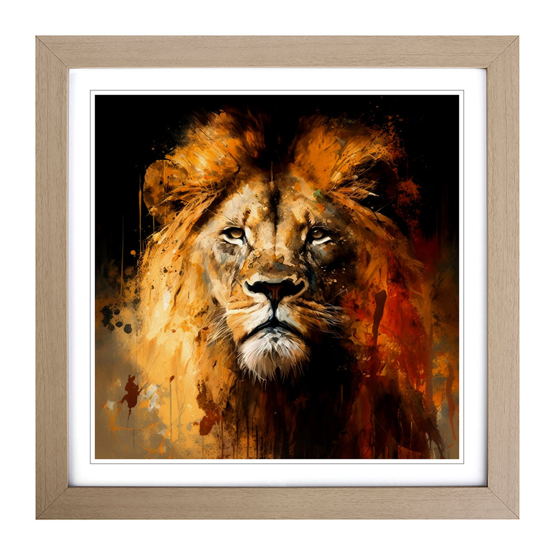 Lion Expressionism - Single Picture Frame Print on Wood, Oak