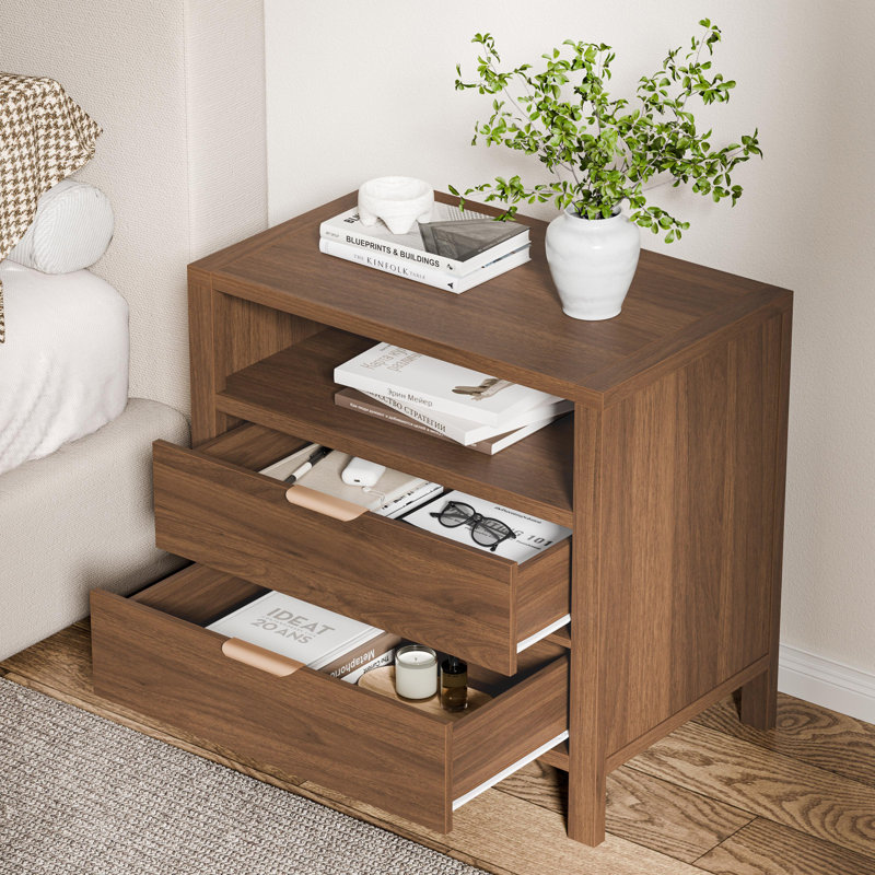 Cadre de lit tête de lit tapissier à oreilles avec table de chevet 2 tiroirs Horst, 26.38" H X 27.95" W X 17.32" D, Walnut