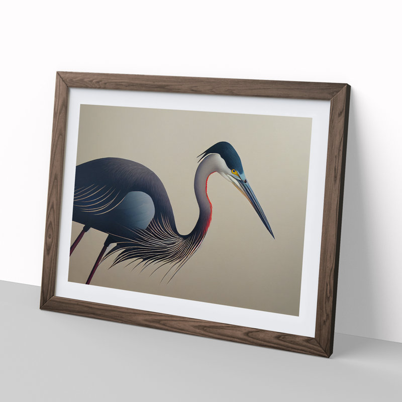 XH1022-1573X Bold Heron Bird - Single Picture Frame Print, 46cm H x 64cm W x 2cm D, Walnut Framed