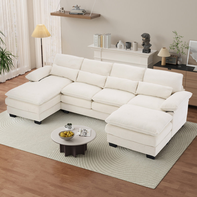  113''W Modern U Shape Sectional Couch Oversized Wide Armrest Sectional Sofa, Beige Polyester