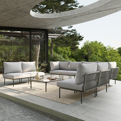 Ebern Designs 9 Pieces Aluminum Patio Furniture Set, Modern Modular Sectional Sofa with Coffee Table and Upgrade Thickness Cushion