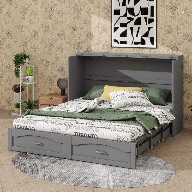 Grand lit escamotable avec tiroir de rangement, port USB et station de charge, base de lit escamotable en bois, Gris