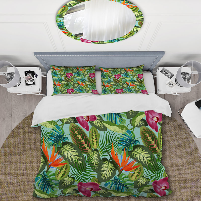 Feuilles tropicales de palmiers - ensemble de housse de couette floral - microfibre de polyester