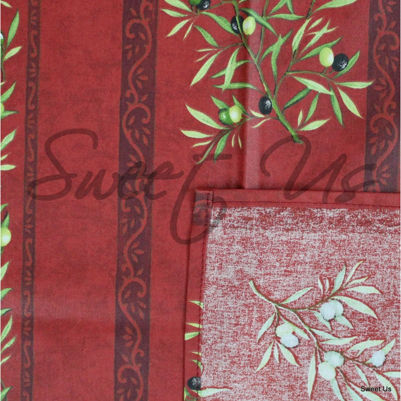 Wipeable Stain Resistant Acrylic Coated French Provencal Cotton Olive Floral Tablecloth, Crimson Red, 98" x 60"