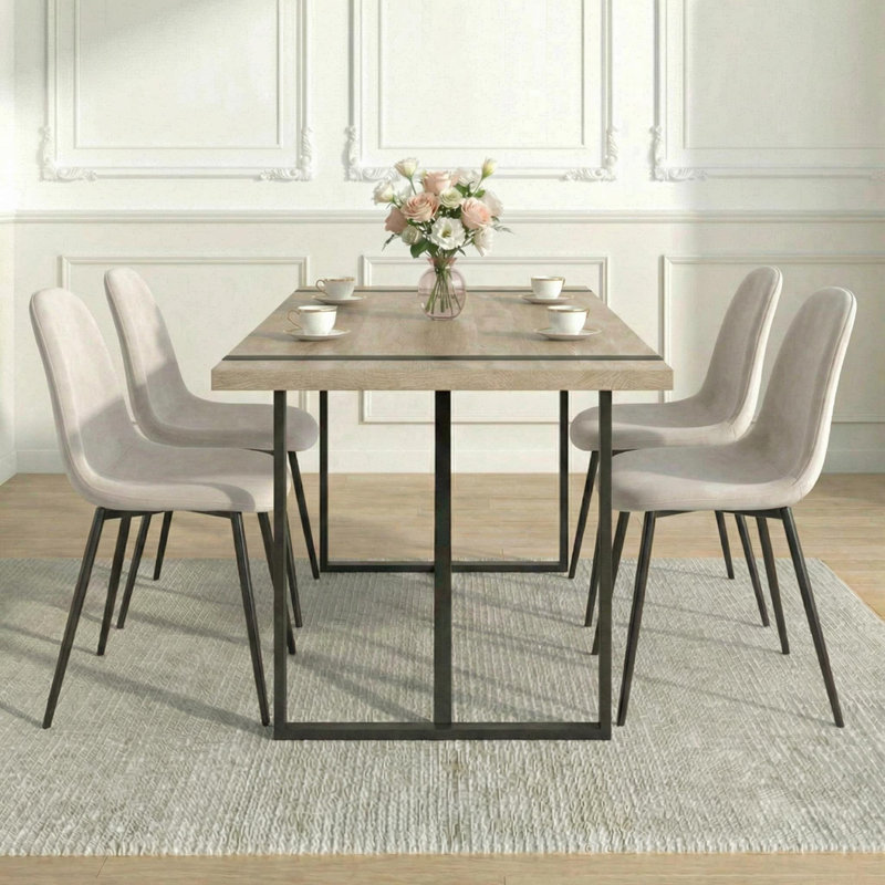 Set Of 4 Velvet Upholstered Dining Chairs With Black Metal Legs, Beige