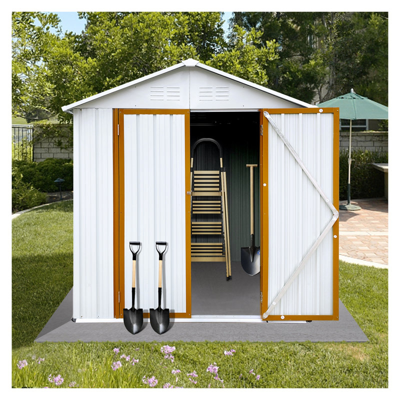 Remise de rangement extérieure 6 pi x 4 pi avec toit Apex - Remise de jardin en métal blanc et jaune pour l'organisation de la cour, solution de rangement extérieur résistante aux intempéries