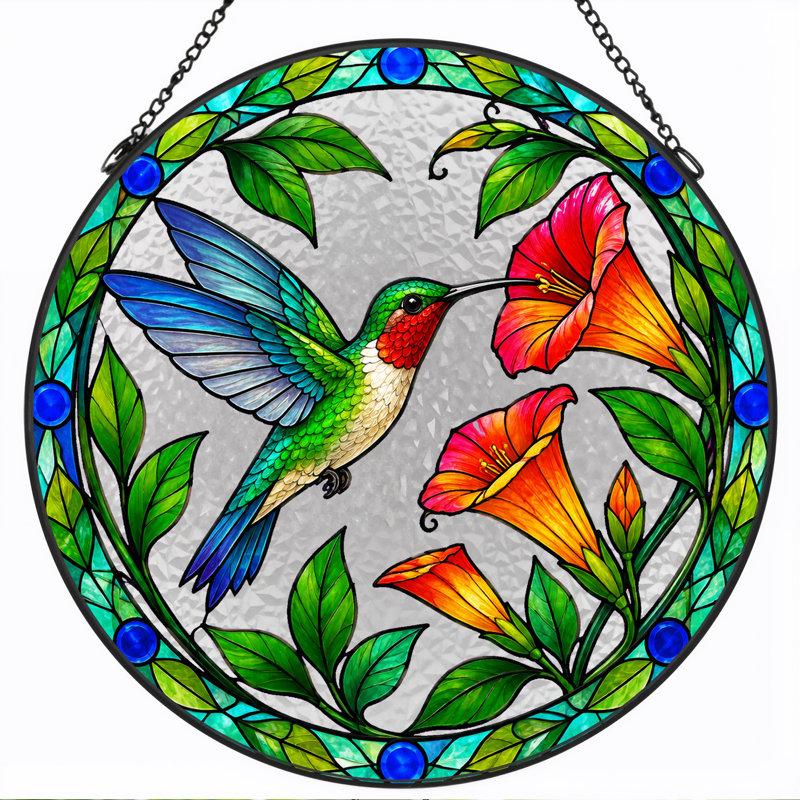 Art mural sur toile colibri et fleurs orange en vitrail circulaire, H 12 po