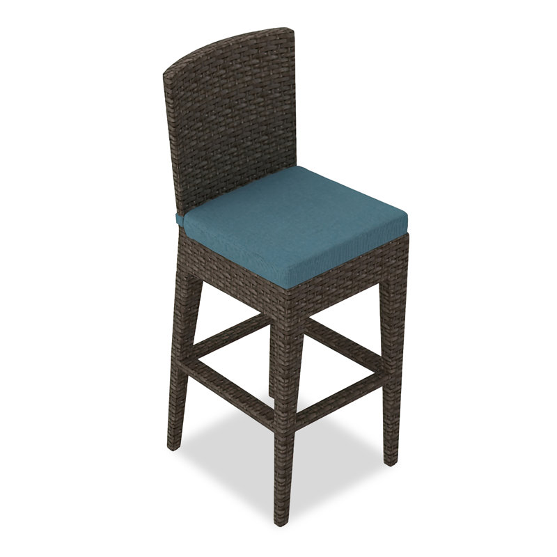 Arden Outdoor Bar Stool, Spectrum Indigo Sunbrella®, Chestnut, 28.75"