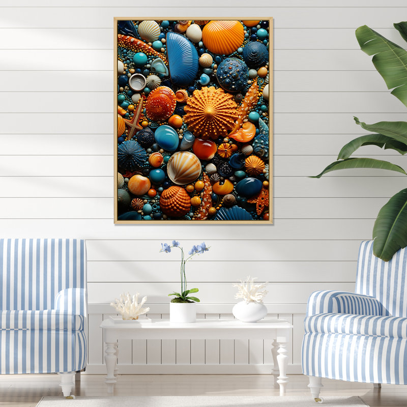 Jaune et bleu coquillage symphonie II - art mural côtier tropical, Cadre flottant brun, 60" H x 28" W